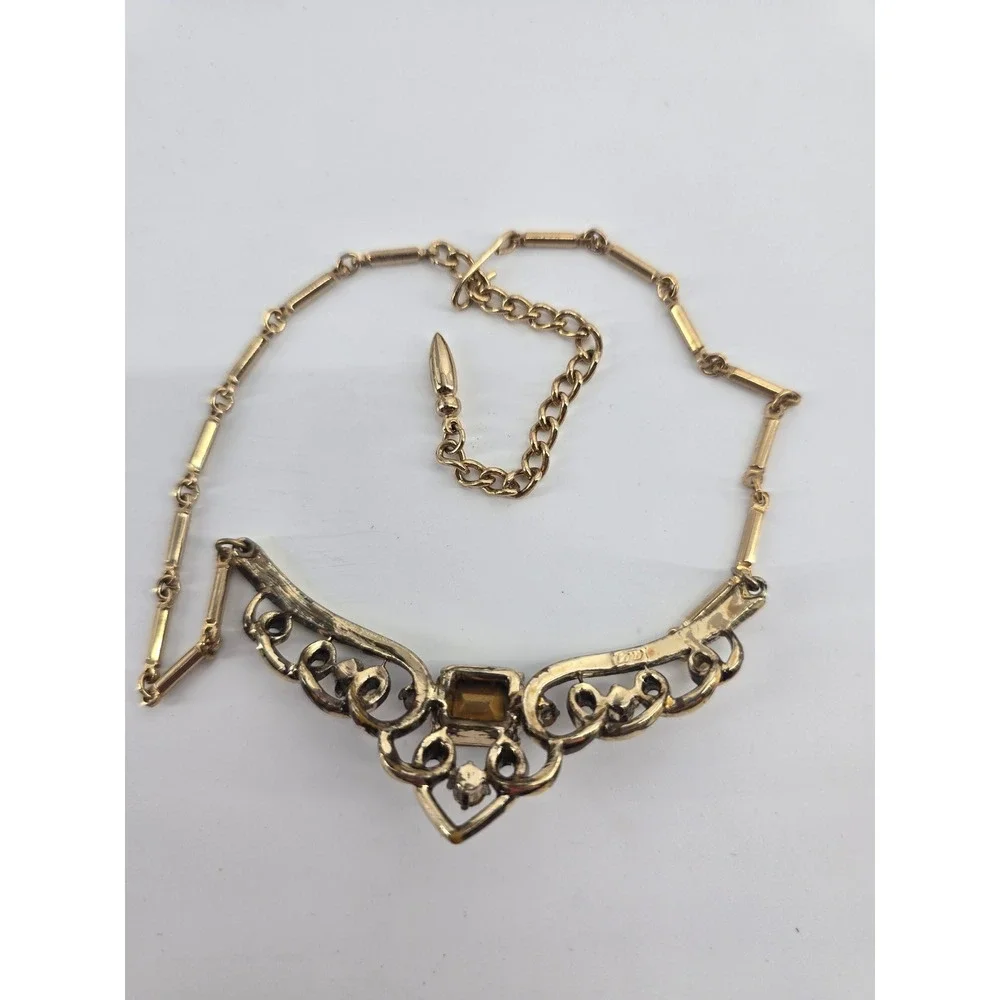 Coro Bib Necklace Women OS Art Deco Revival Gold Green Rhinestone EUC